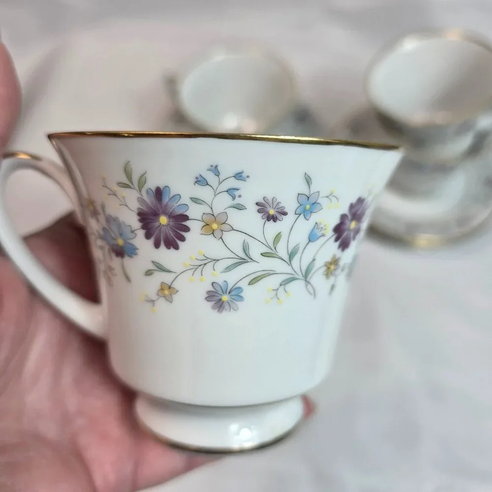 FOUR Noritake Longwood #2485 Cup & Saucer Sets Purple, Blue & Yellow Flowers